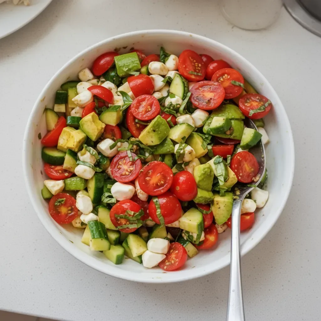 Ensalada de tomate, pepino y mozzarella fresca y colorida