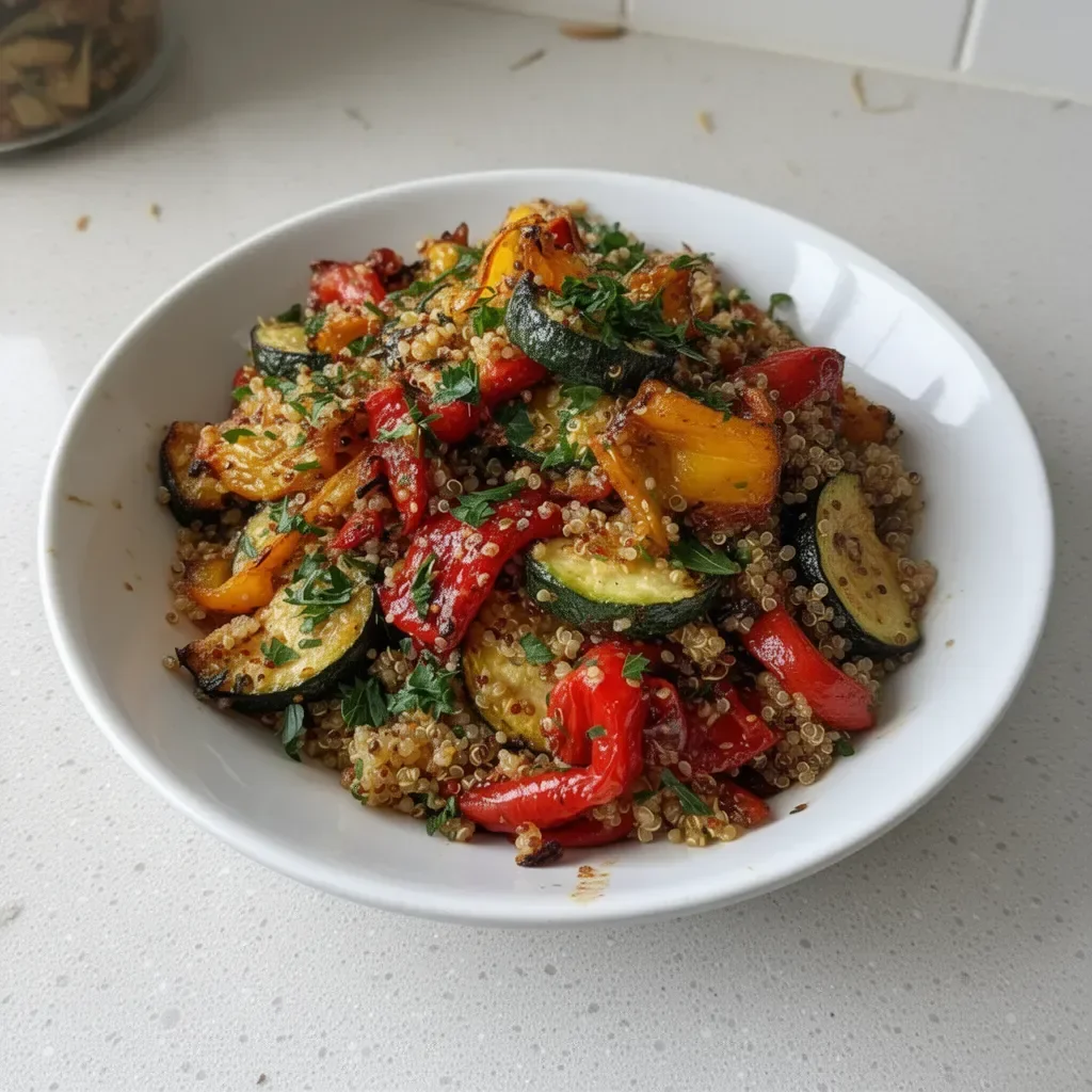 Ensalada de quinoa con vegetales asados coloridos y frescos.