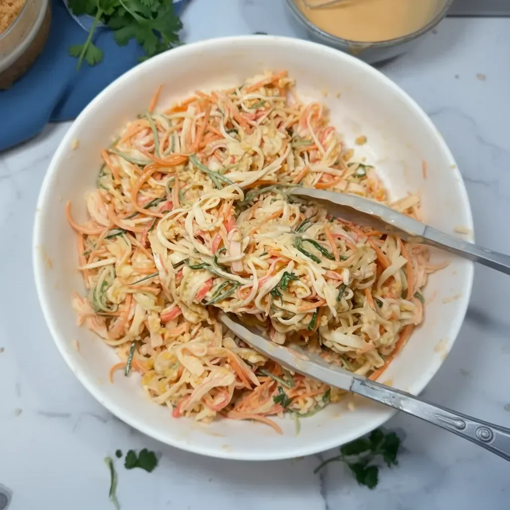Ensalada Kani con surimi, vegetales frescos y mayonesa en un plato atractivo
