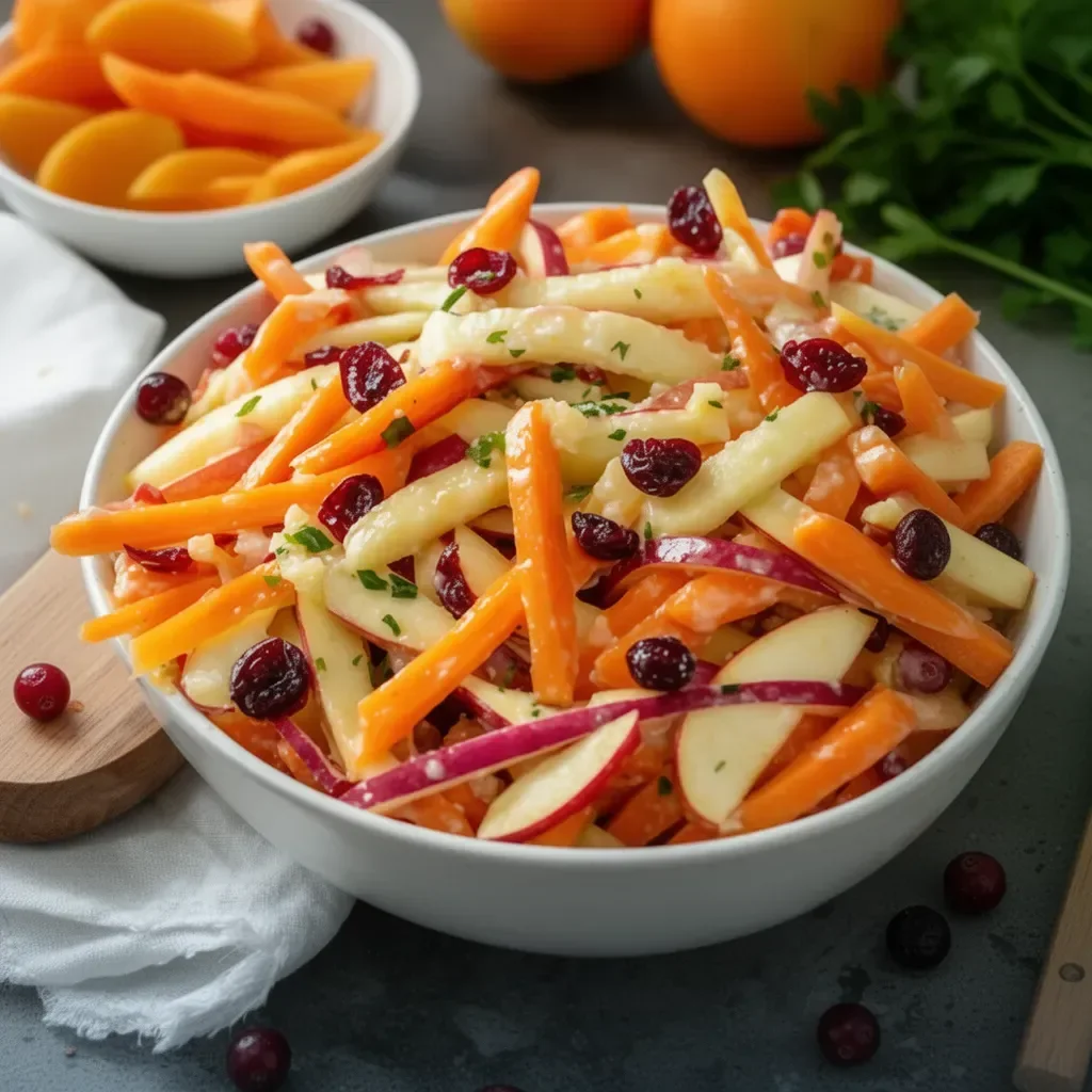 Ensalada refrescante de manzana, arándano y zanahoria en un plato colorido