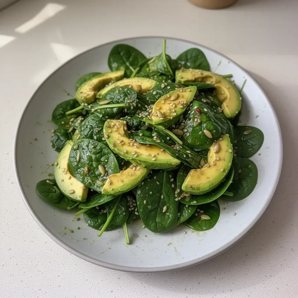 Ensalada verde de espinacas, aguacate y semillas en un tazón