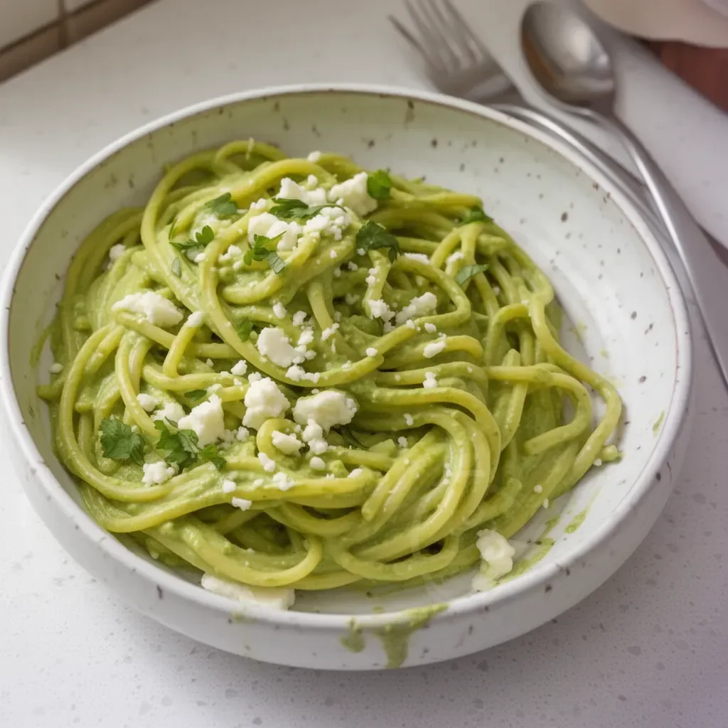 Plato de espagueti verde cremoso mexicano servido con salsa verde