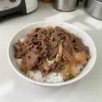 Gyudon clásico: Tazón de carne de res japonés con cebolla y salsa tare