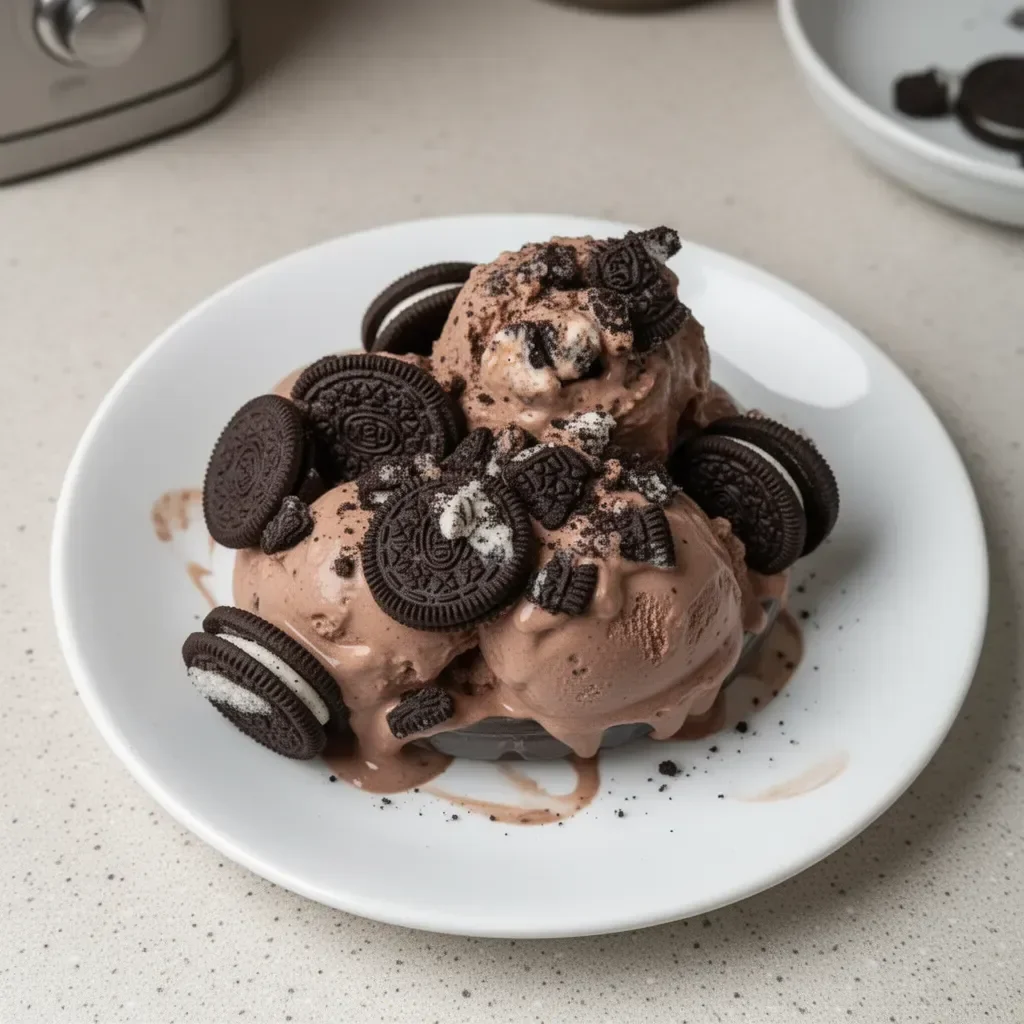 Helado de chocolate con mini Oreos en un tazón