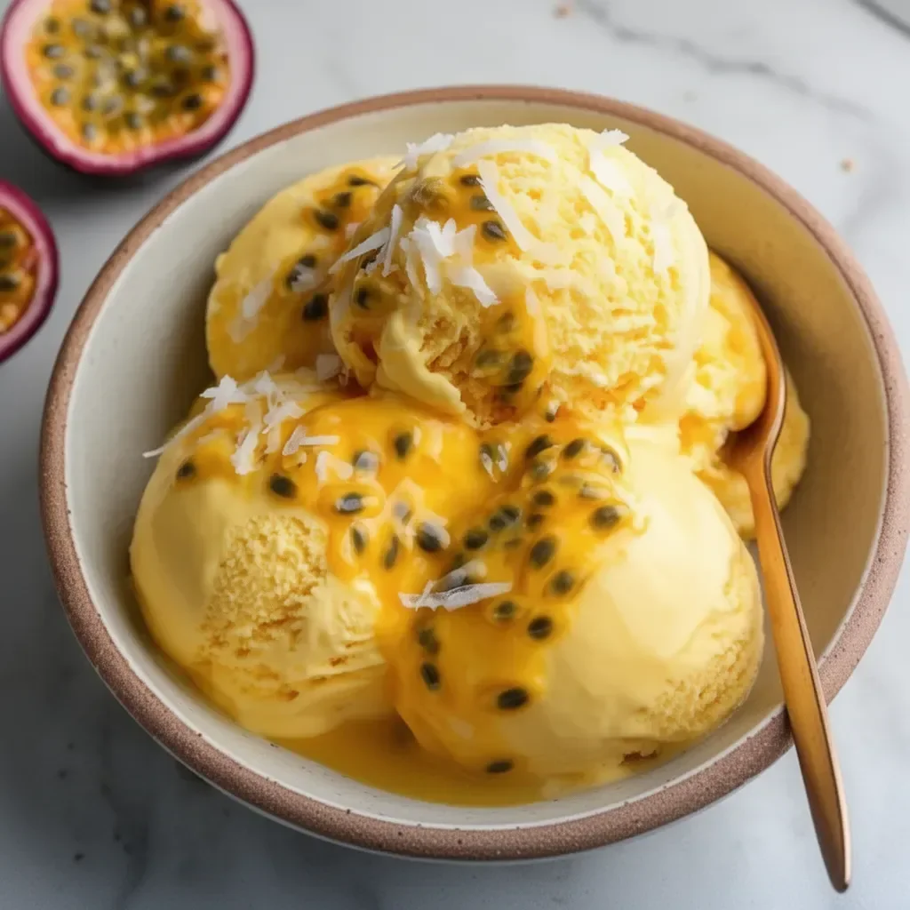Helado de maracuyá servido en un tazón colorido