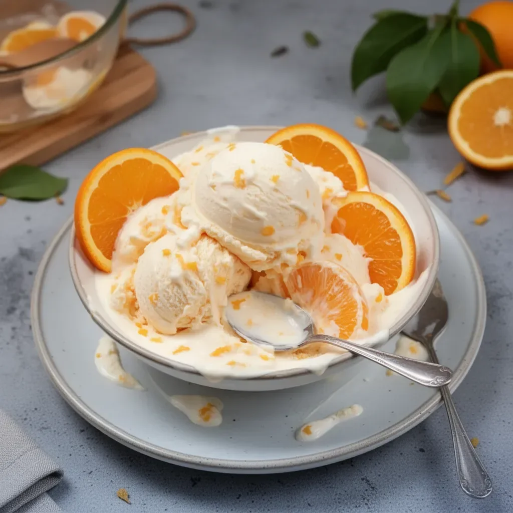 Helado de naranja con crema en un tazón decorativo