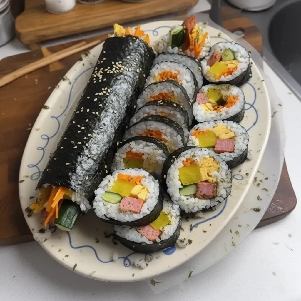 Kimbap: rollos de arroz con algas coreanas rellenos de ingredientes frescos.