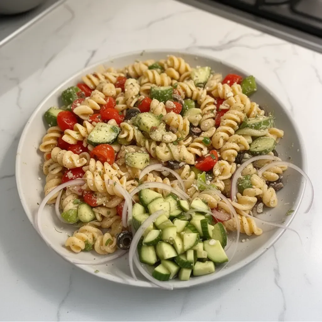 Ensalada de pasta con aderezo italiano, ingredientes frescos y sabrosos