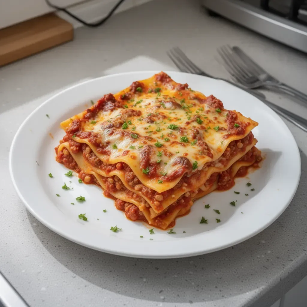 Plato de Lasagna Clásica recién horneada con queso derretido y salsa de tomate