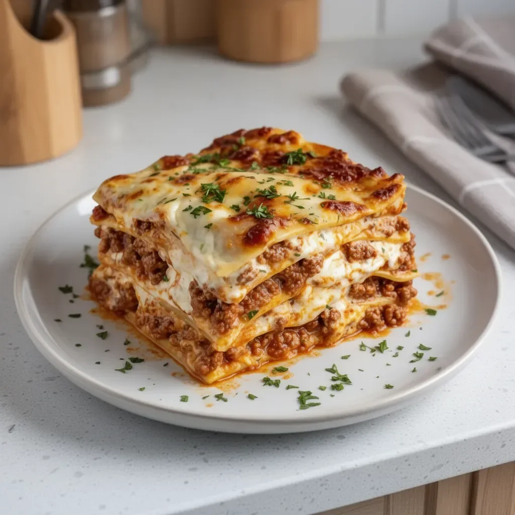 Plato de lasaña casera con capas de pasta, carne y salsa de tomate