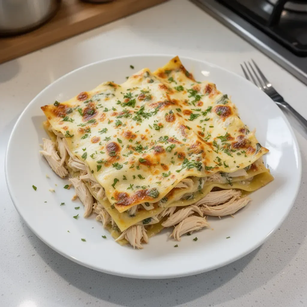 Lasaña de pollo blanca, un plato cremoso y delicioso para disfrutar en familia.