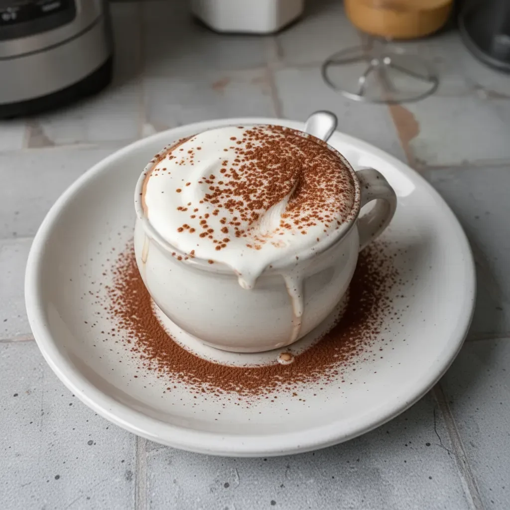 Taza de Latte de Tiramisu con espuma de leche y cacao en polvo