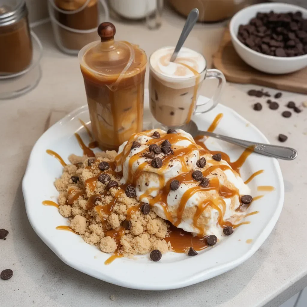 Macchiato de Caramelo Helado en un vaso transparente con leche y jarabe de caramelo.