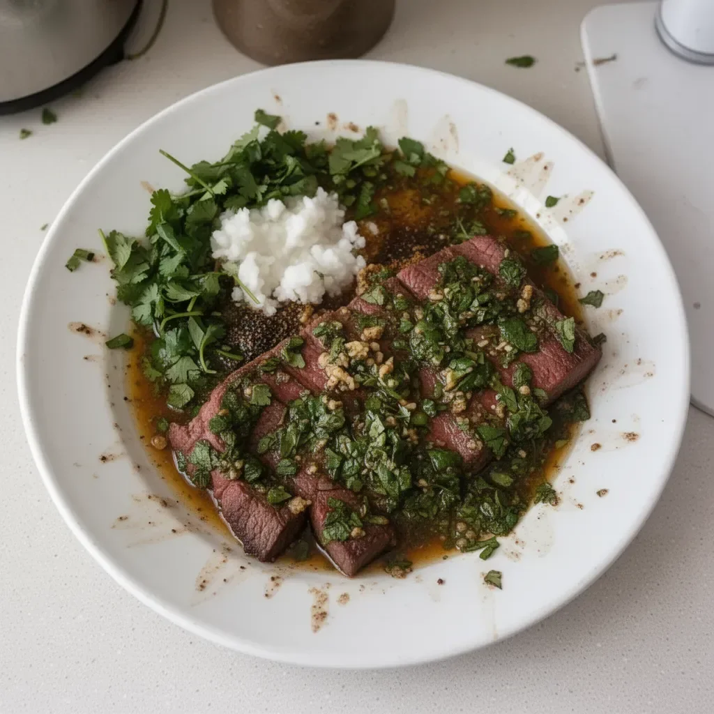 Marinada de carne asada en un plato con ingredientes frescos