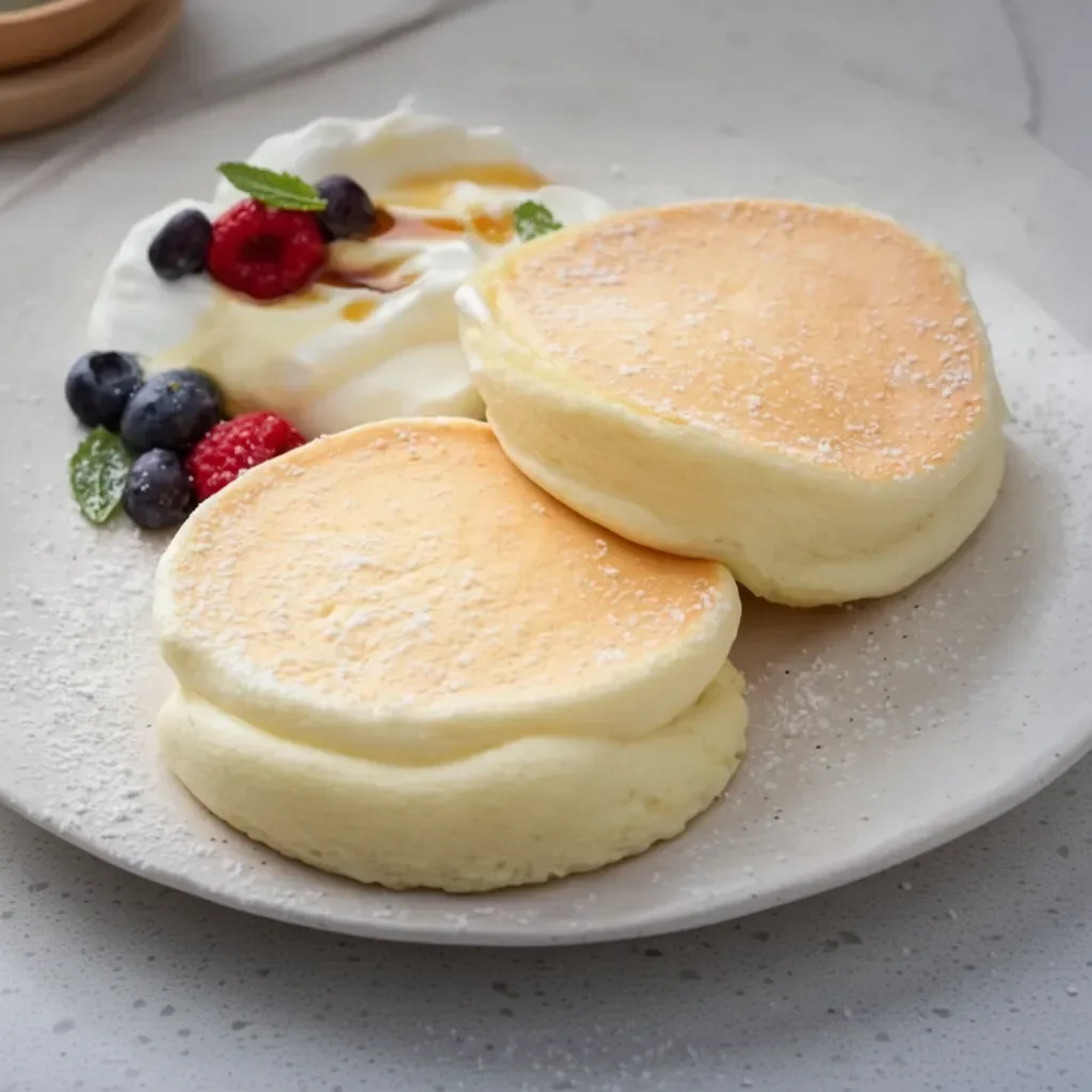 Pancake esponjoso y dorado en un plato, ideal para desayunos sabrosos.