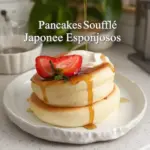 Pancakes soufflé japoneses esponjosos recién cocinados sobre un plato.