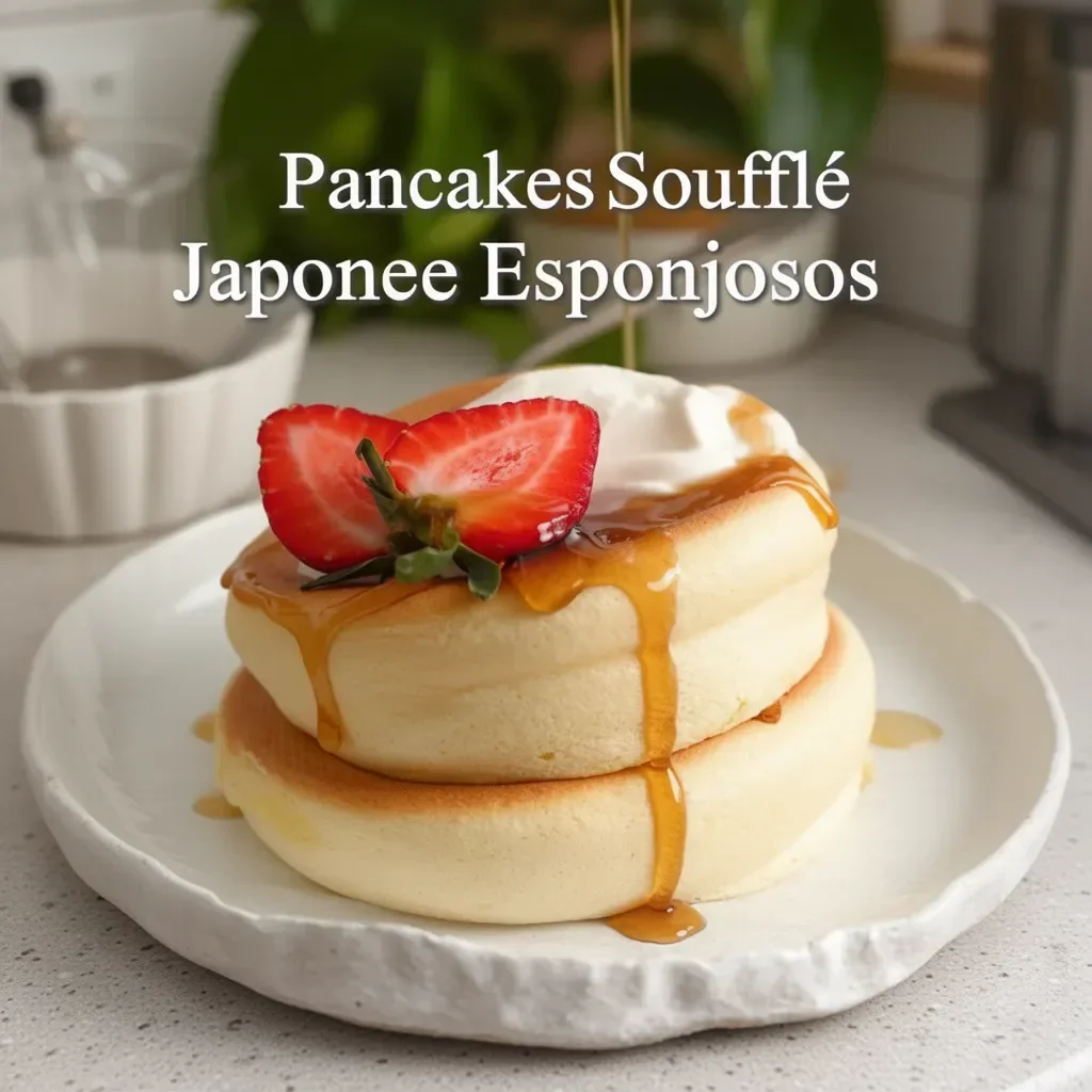 Pancakes soufflé japoneses esponjosos recién cocinados sobre un plato.