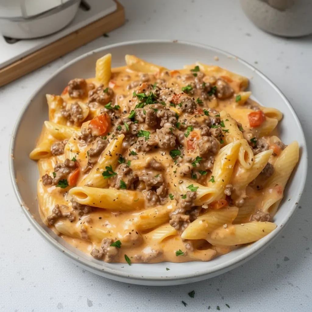 Plato de Pasta Cremosa de Carne recién preparada y servida