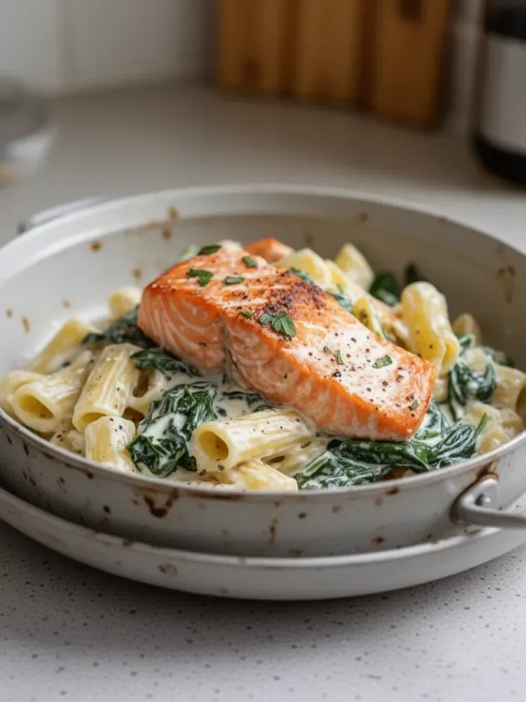 Pasta cremosa de salmón y espinacas