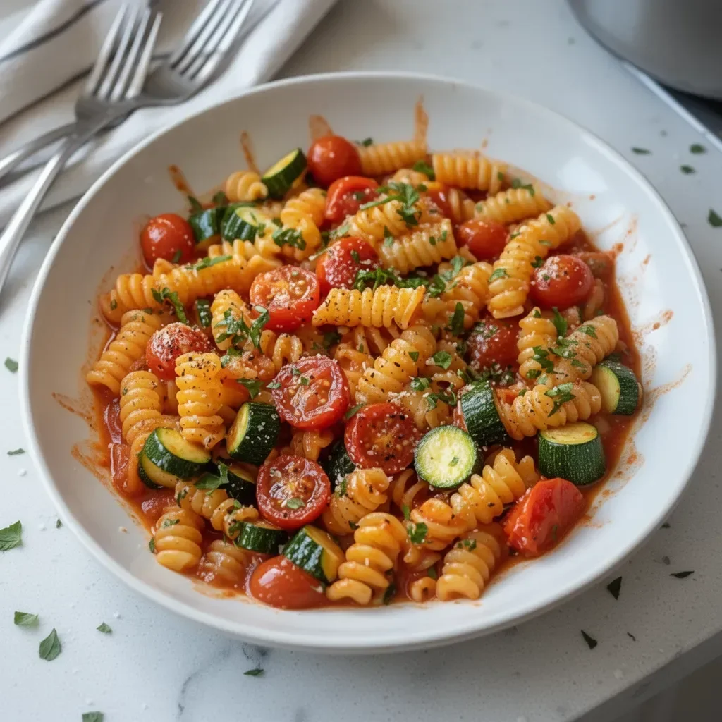 Plato de Pasta de Tomate y Calabacín, una receta saludable y deliciosa.