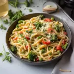 Plato de Pasta Primavera servido con vegetales frescos y coloridos
