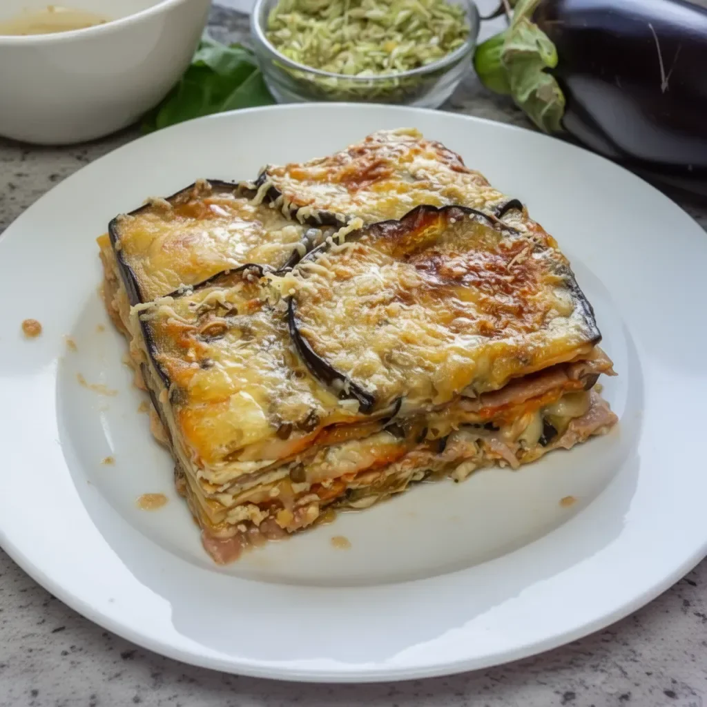 Delicioso pastel de berenjena recién horneado, ideal para una comida saludable.
