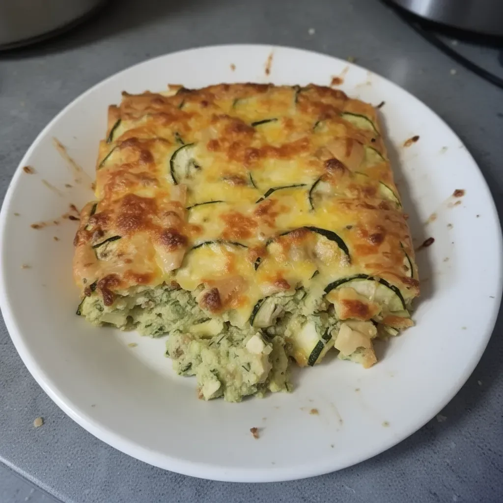 Pastel de calabacín recién horneado, servido en un plato decorativo.