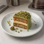 Pastel de miga de café y pistacho decorado en una mesa