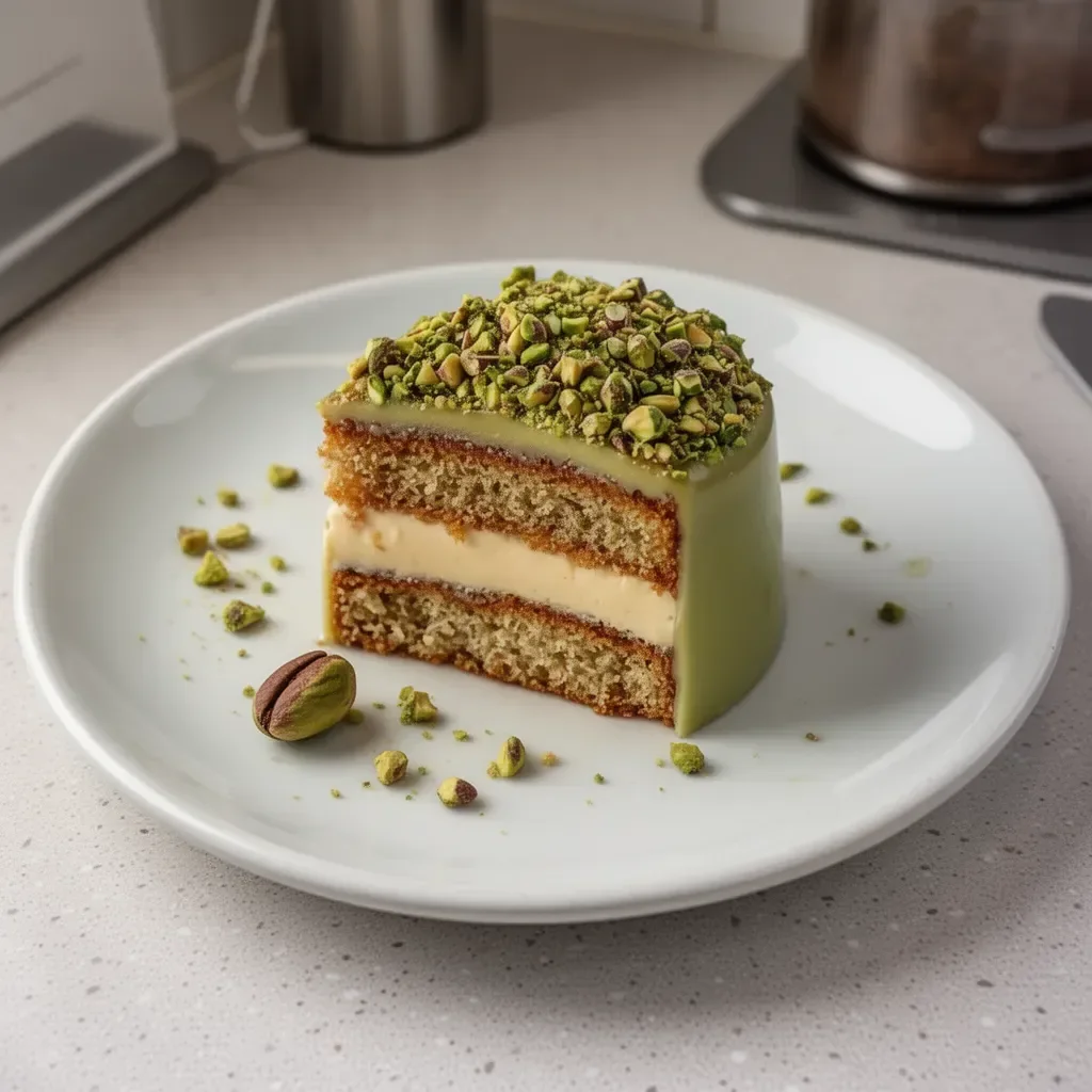Pastel de miga de café y pistacho decorado en una mesa