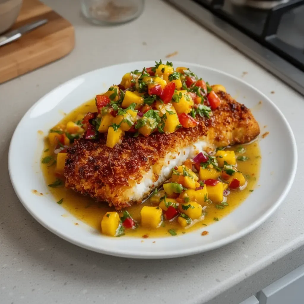 Plato de pescado crustáceo con salsa de mango