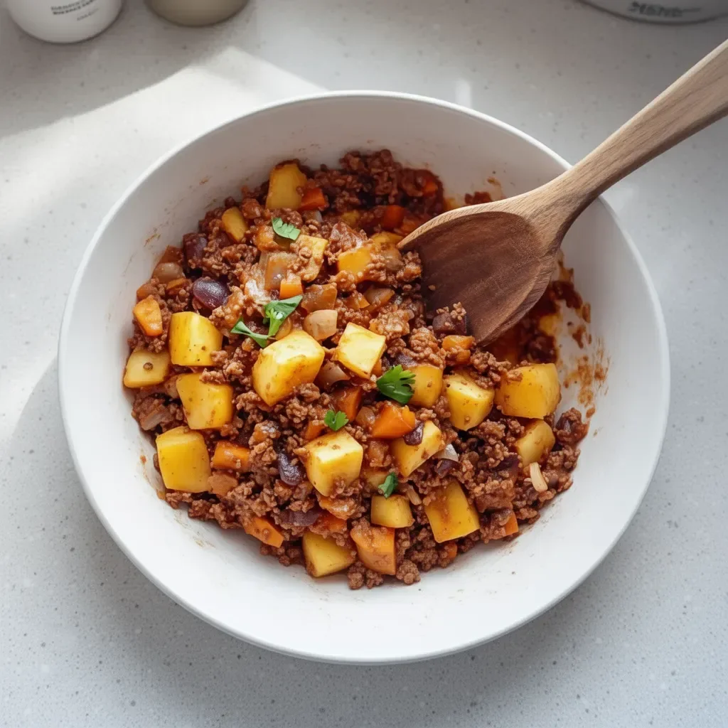 Plato de picadillo mexicano con papas servido en un plato blanco