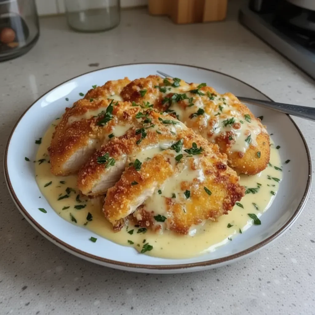 Plato de Pollo Parmesano Cremoso servido con guarnición