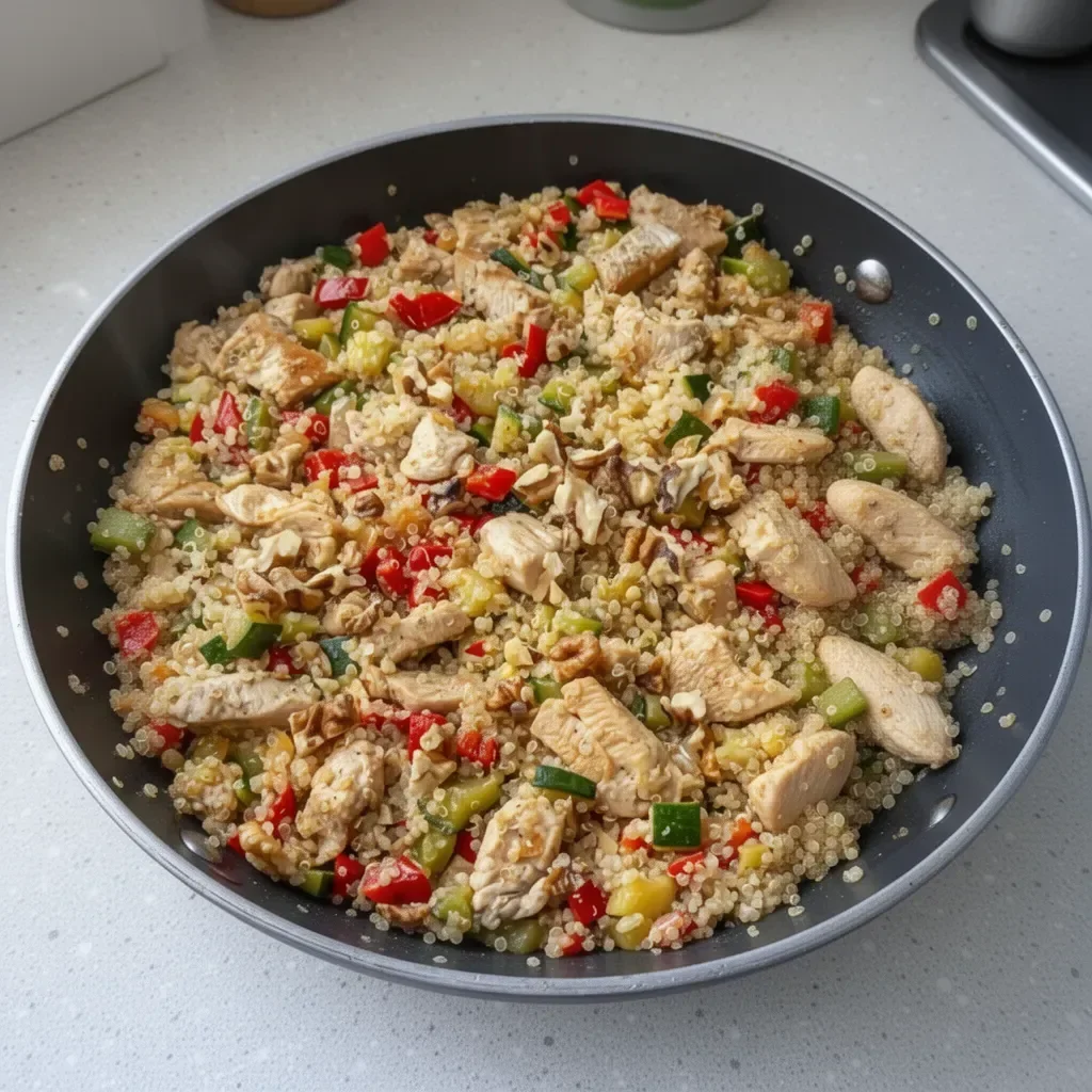 Plato de quinoa con pollo y verduras frescas saludables y sabrosas