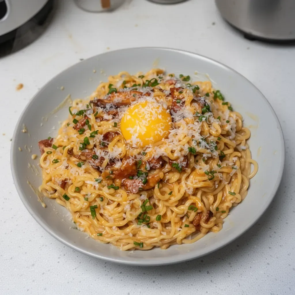 Plato de Ramen Carbonara servido en un tazón con ingredientes sostenidos.