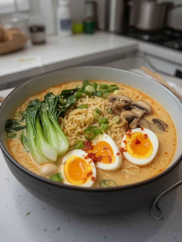 Ramen cremoso con cacahuate y coco para comida reconfortante