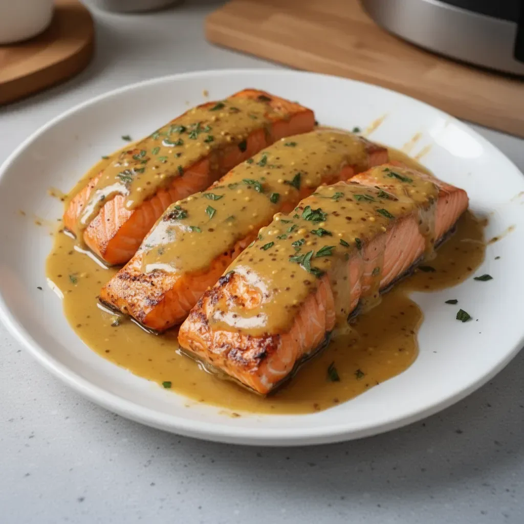 Plato de salmón a la mostaza servido con guarnición fresca