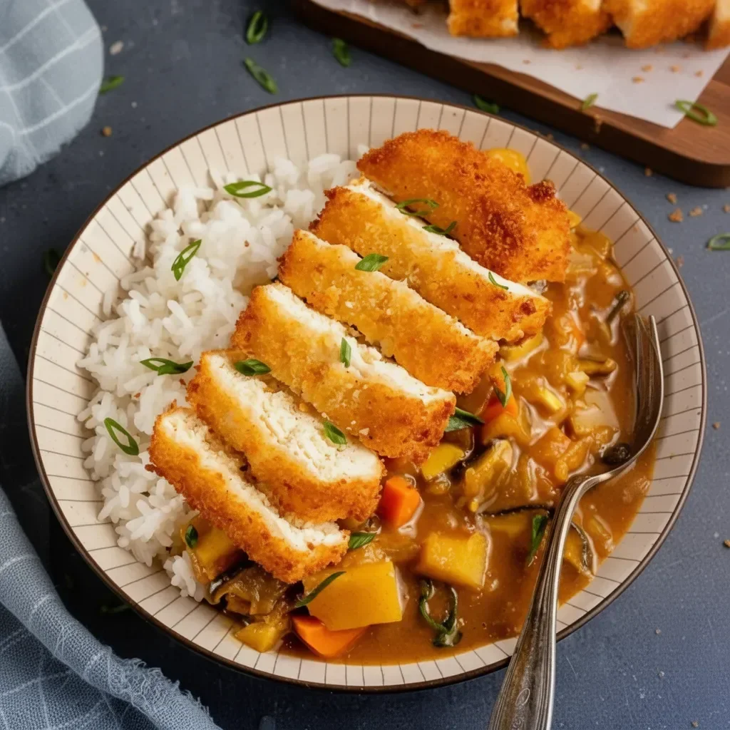 Tofu Katsu crujiente servido con salsa tonkatsu y ensalada