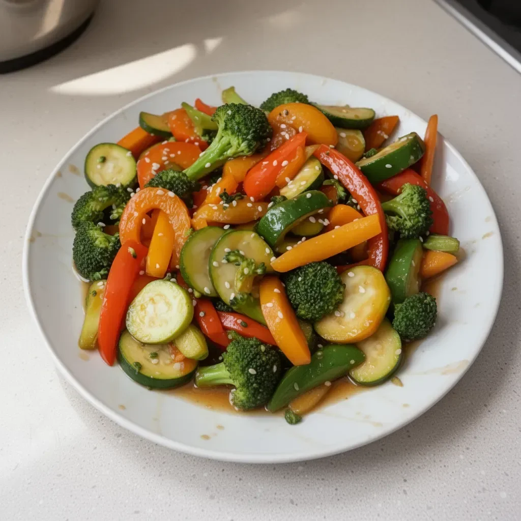 Tazón de vegetales salteados frescos y coloridos en una mesa de cocina