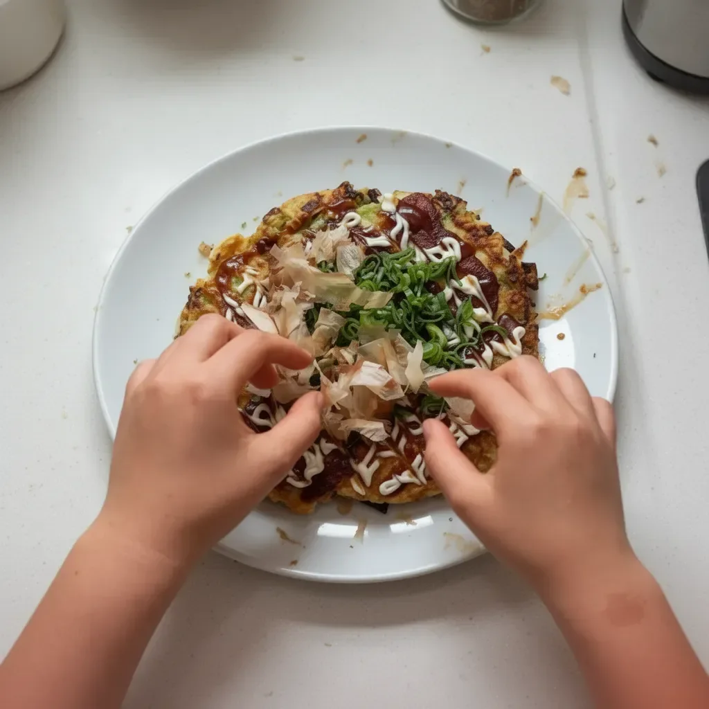 Plato de okonomiyaki recién preparado y servido en un plato bonito