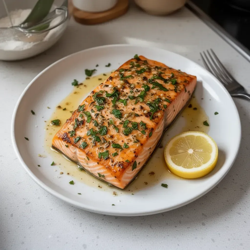 Plato de salmón al horno con guarniciones saludables