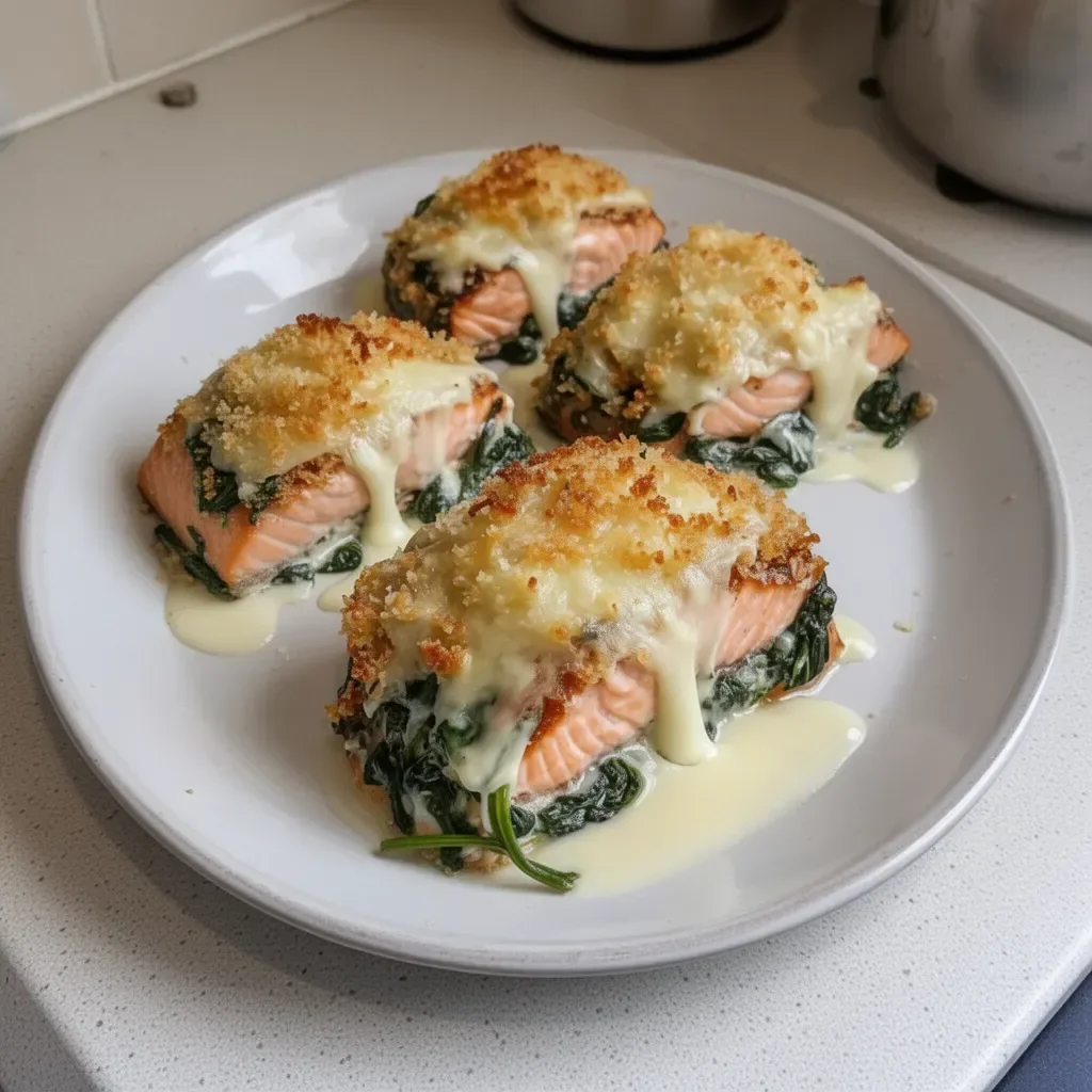 Salmón al horno con espinacas y mozzarella servido en un plato
