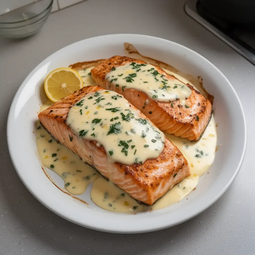 Salmón al horno con salsa cremosa de mantequilla y limón en un plato elegante