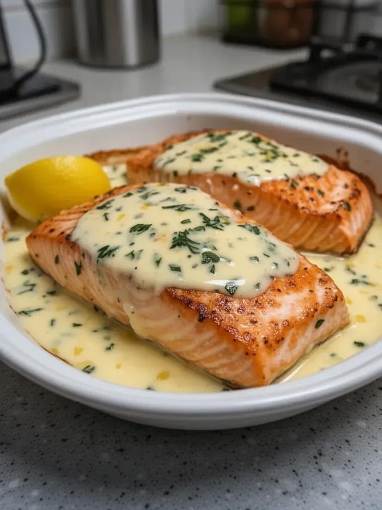 Salmón al horno con salsa cremosa de mantequilla y limón