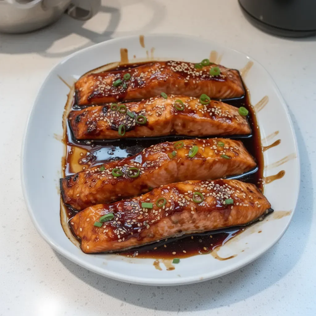 Salmón al horno con salsa teriyaki servido en un plato con decoración gourmet.