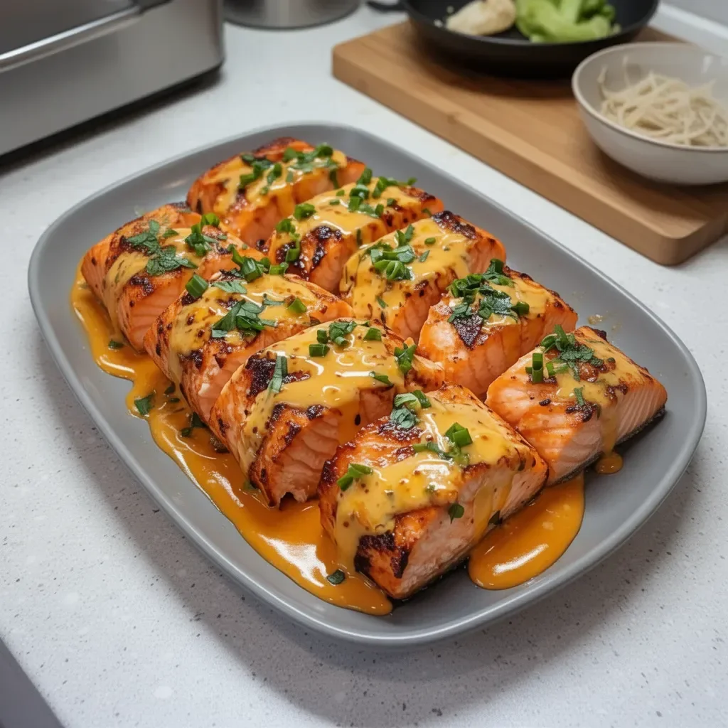 Plato de Salmón Bang Bang preparado en 15 minutos con salsa picante y crujiente.