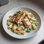 Salmón con espinacas y pasta en salsa cremosa