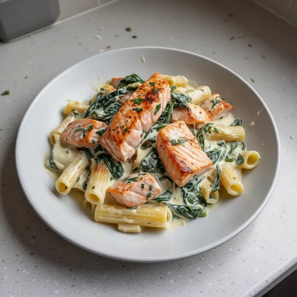 Plato de salmón con espinacas y pasta en salsa cremosa, decorado con hierbas frescas.
