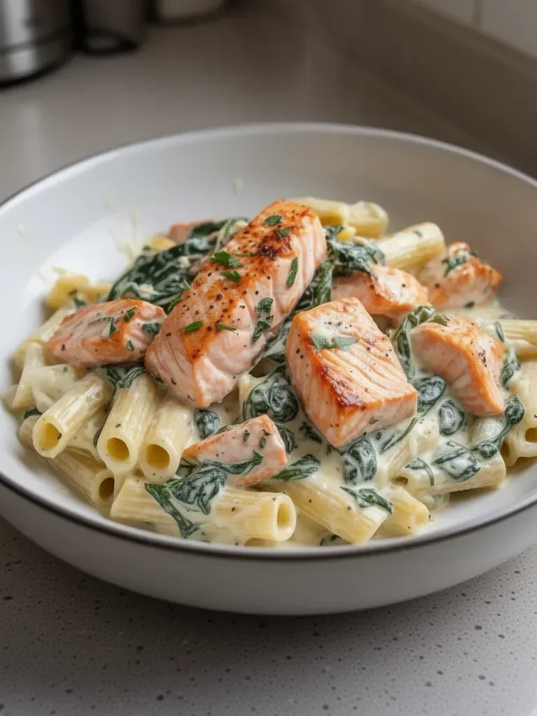 Salmón con espinacas y pasta en salsa cremosa