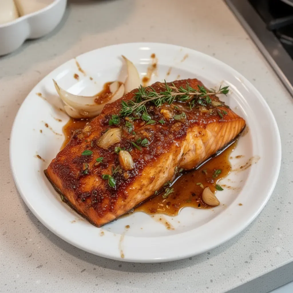 Plato de salmón con glaseado de ajo y azúcar moreno, presentado en un plato elegante.