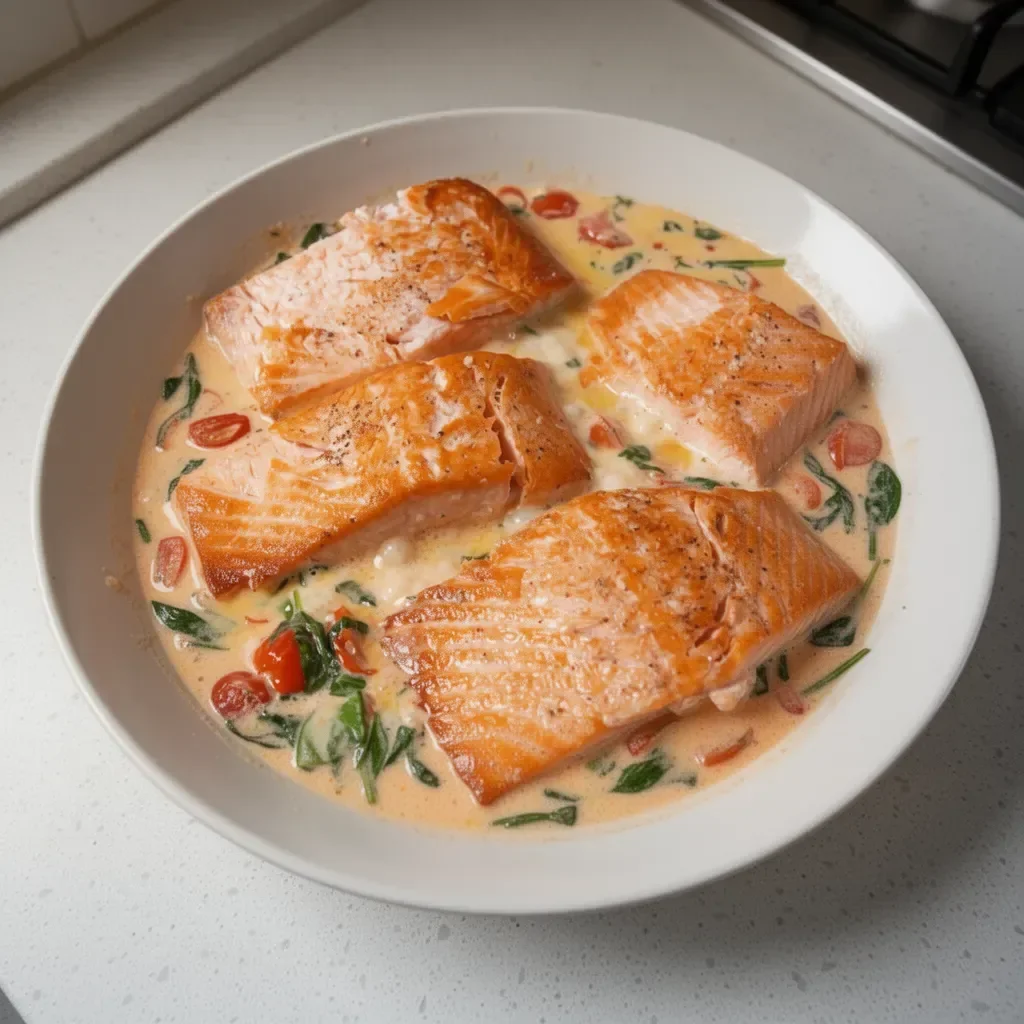 Salmón con salsa de crema de tomate y albahaca en un plato gourmet